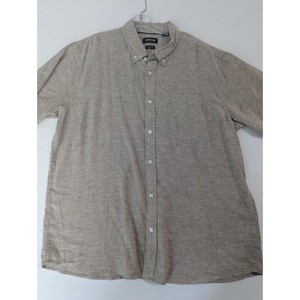 Men's Orvis Linen Button Up Shirt Tan Short Sleeve XL Beach‎ Summer Lightweight
